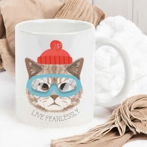 New Ceramic Tabby Cat Kitten In Glasses Live Fearlessly 11 Oz Coffee Tea Mug